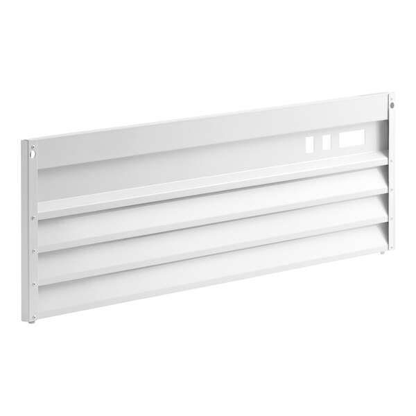 A white metal grille with horizontal slats and mounting holes on the sides.