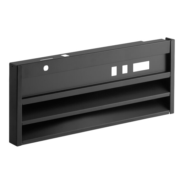 A black rectangular metal grille with two horizontal slats and several cutouts on the upper section.