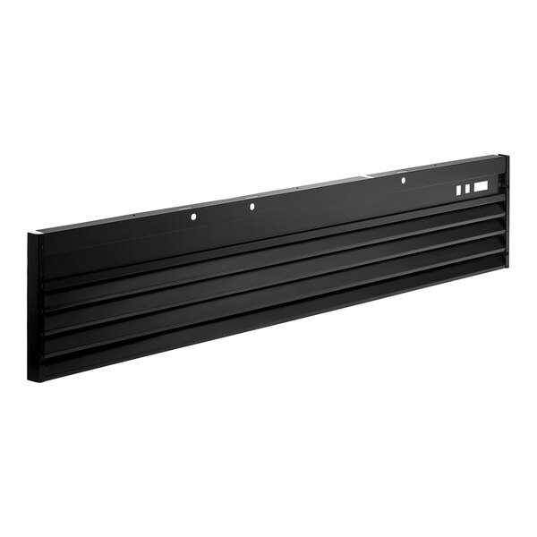 A black, rectangular metal grille with horizontal slats and mounting holes, photographed against a white background.