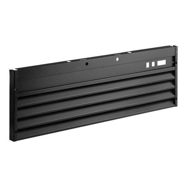 A black metal grille panel with horizontal slats and a few cut-out sections on one side.