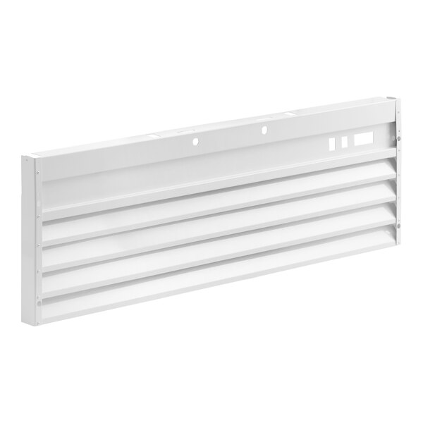 A white, rectangular metal grille with horizontal slats and mounting holes, viewed at an angle.
