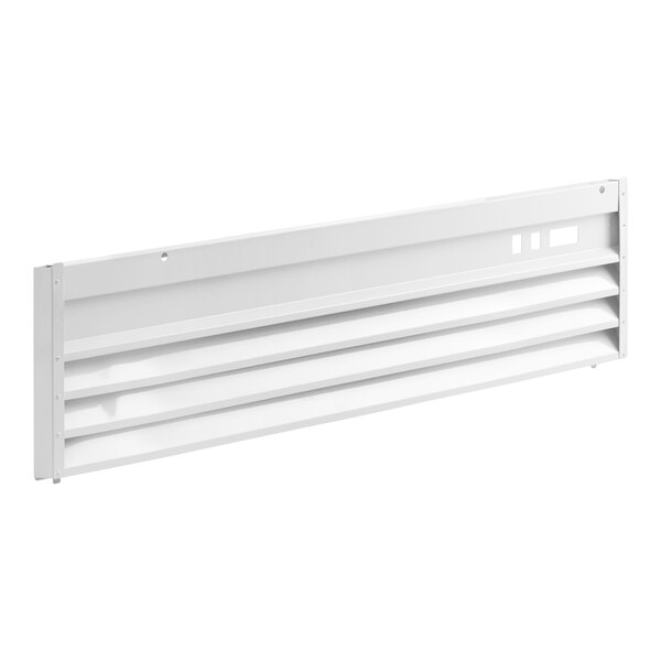 A white metal grille with horizontal slats and mounting holes, designed for installation on a flat surface.