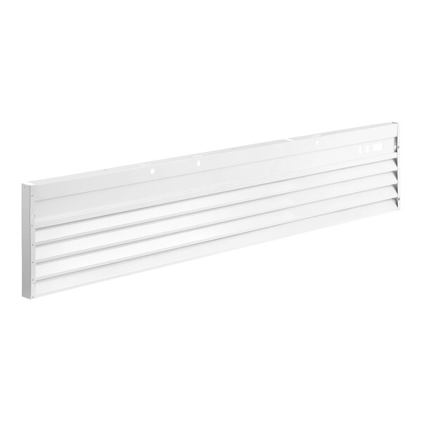 A white, rectangular metal grille with horizontal slats and mounting holes along the top edge.