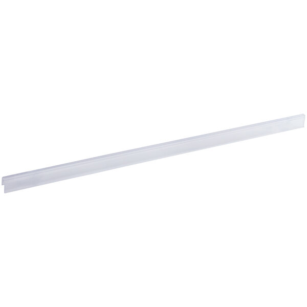 A clear 44-inch clip-on label holder designed for wire basket shelving.