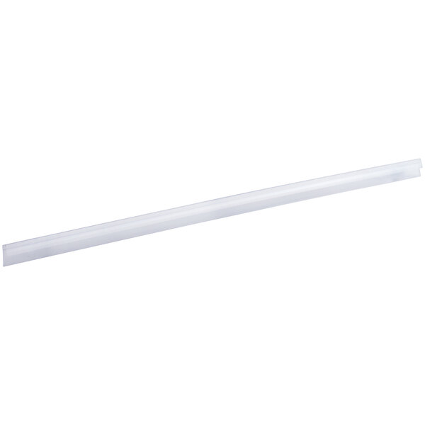 A clear 44-inch clip-on label holder designed for wire basket shelving.