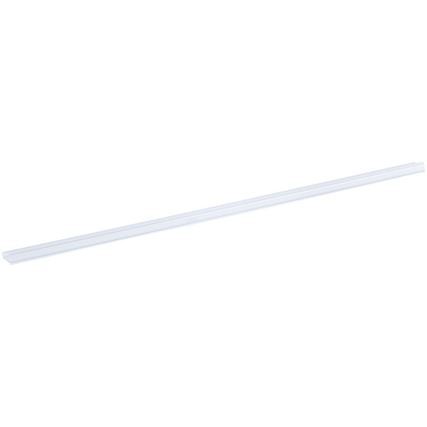 A long, narrow, clear plastic strip with a slight groove running along its length, photographed on a white background.