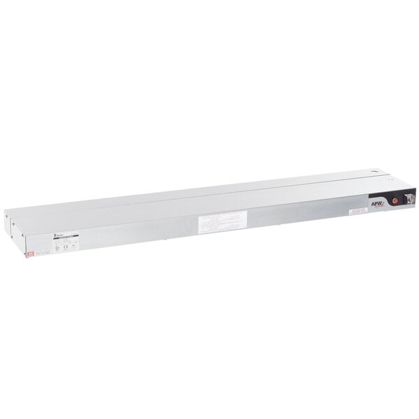 A long white rectangular metal shelf with a white label and red lights.