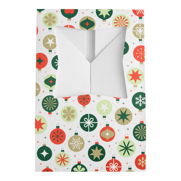 A rectangular bakery box with a festive ornament pattern in red, green, and gold, featuring a clear window on the top.
