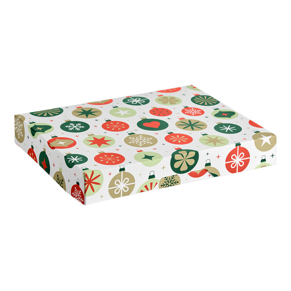 A rectangular box decorated with a festive ornament pattern in red, green, and gold colors.