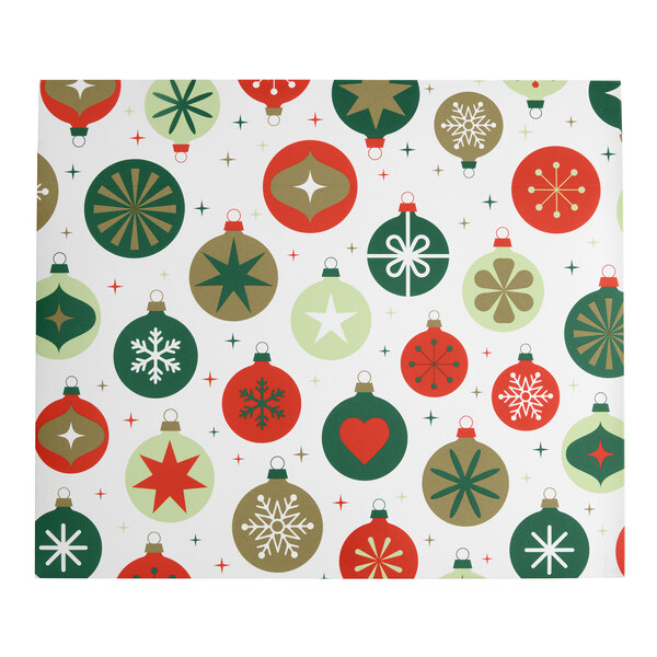 A rectangular sheet featuring a festive pattern of red, green, and gold Christmas ornaments with various designs on a white background.