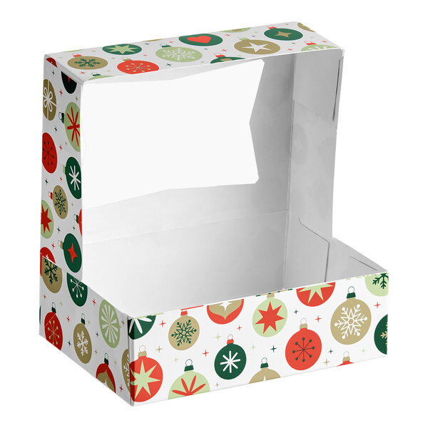 A festive box with a holiday ornament pattern and a clear window on the front, designed for displaying baked goods.