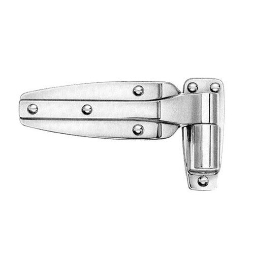 A polished chrome Kason 1245 reversible door hinge with screws.