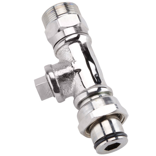A silver metal T&amp;S swivel tee assembly with a nut on the end.