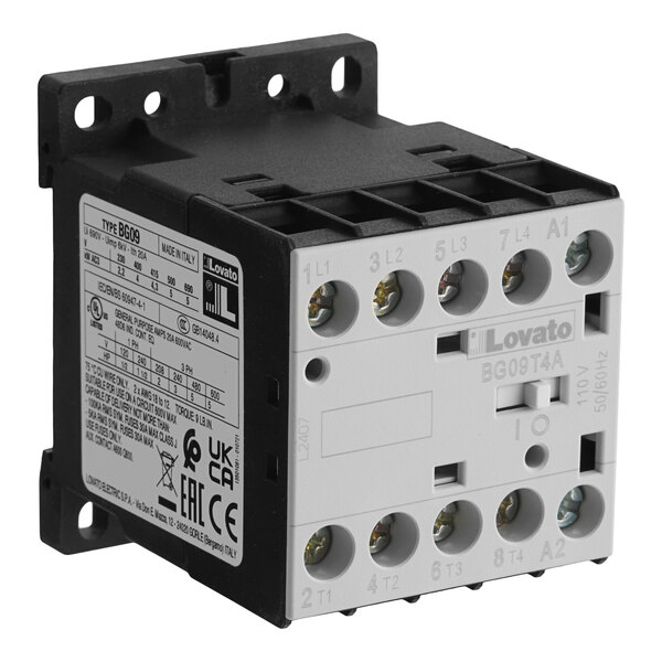 A black and gray electrical contactor with multiple labeled connection terminals and a side label displaying technical specifications.