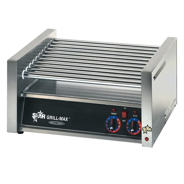 A Star 30C Grill-Max hot dog roller grill with chrome rollers and a slanted stainless steel cover.