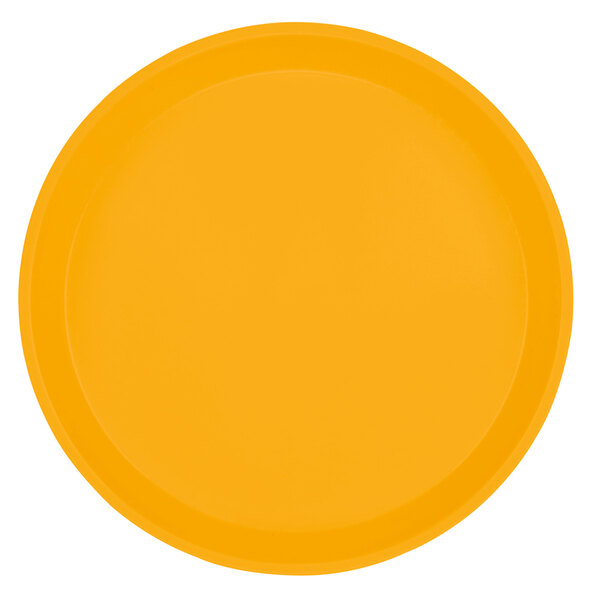 A yellow round fiberglass tray with a black border.