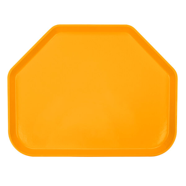 A yellow trapezoid shaped Cambro cafeteria tray with a white background.