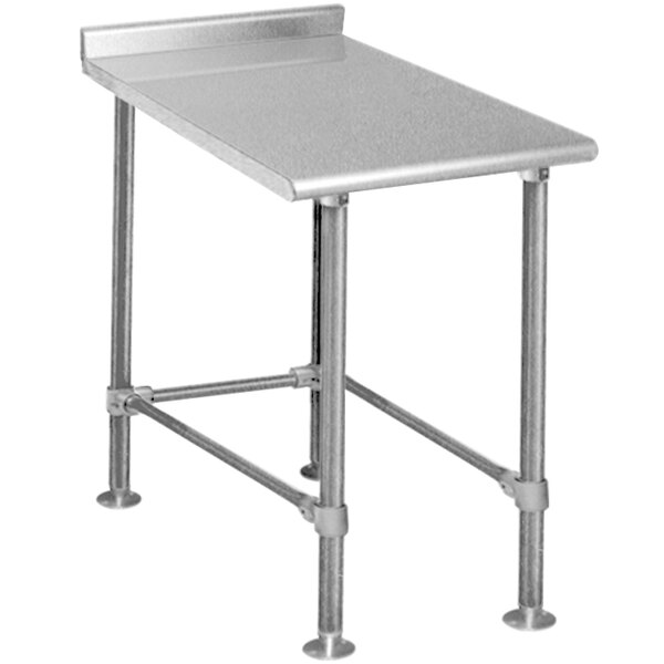 A silver rectangular Eagle Group stainless steel filler table with metal legs.