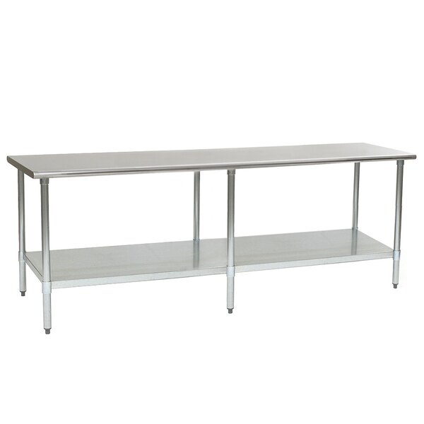A long metal Eagle Group stainless steel work table with a stainless steel shelf.