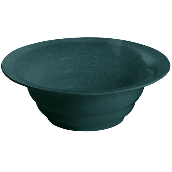 A Tablecraft hunter green cast aluminum salad bowl with a white speckled rim.