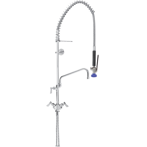 A silver Fisher deck mounted pre-rinse faucet with a blue handle.