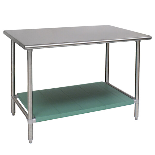 A stainless steel Eagle Group work table with a green undershelf.