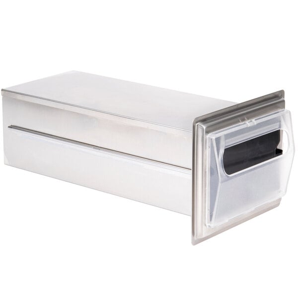 A stainless steel Vollrath in-counter napkin dispenser with a clear lid.
