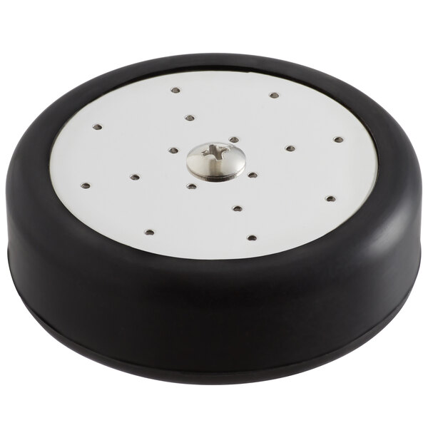 A black and white circular screw piece with holes.