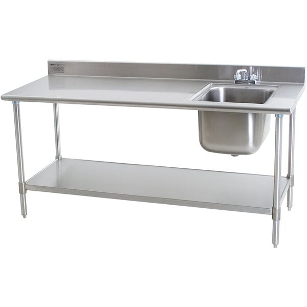 A stainless steel work table with a sink on the right, including a shelf.