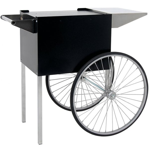 A black and silver Paragon Professional Series popcorn cart with wheels.