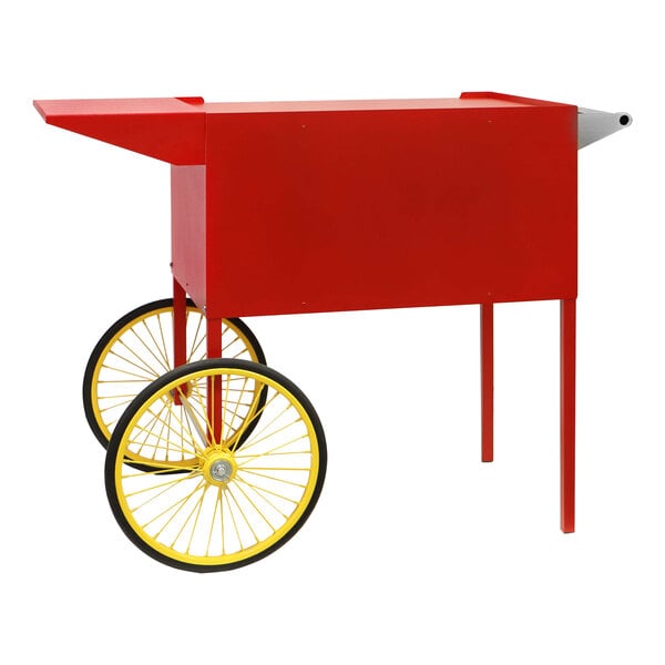 A red cart with yellow wheels for a Paragon popcorn popper.