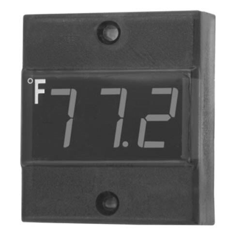 A black digital thermometer with white numbers and a white line on a black background.