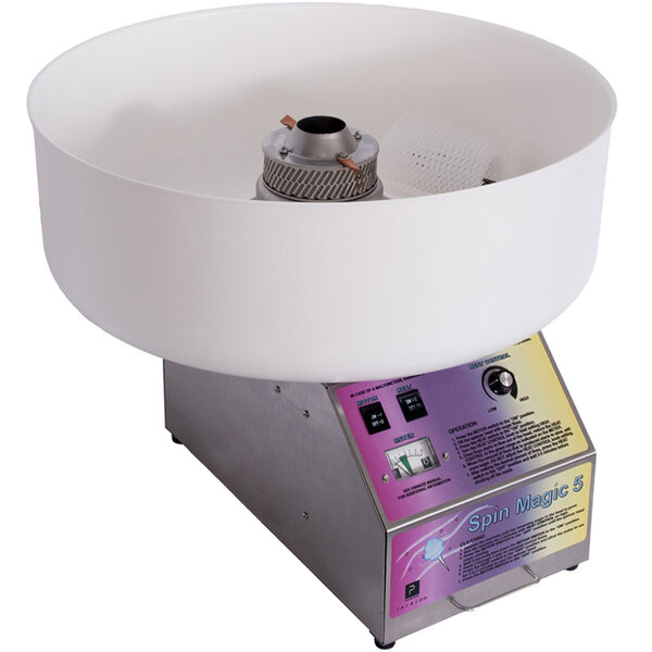 A Paragon cotton candy machine with a white plastic bowl and metal parts.