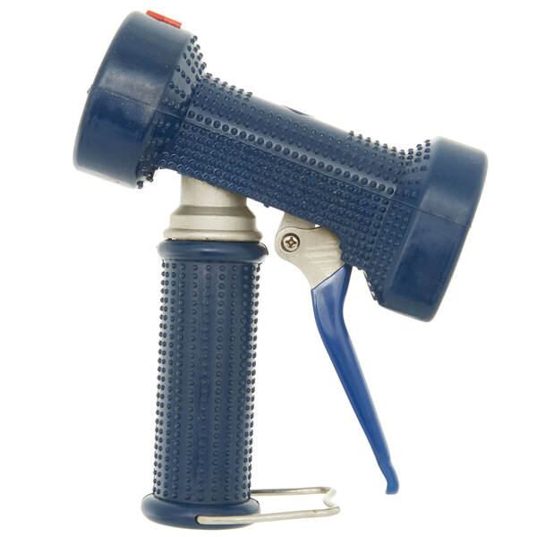 A T&S stainless steel pre-rinse spray gun with a blue rubber cover on the handle.