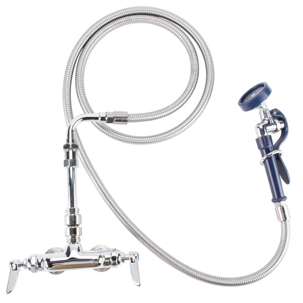 A T&amp;S wall mount pet grooming faucet with a stainless steel hose.