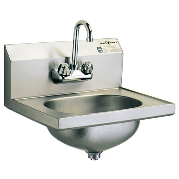 A stainless steel Eagle Group hand sink with a gooseneck faucet and basket drain.