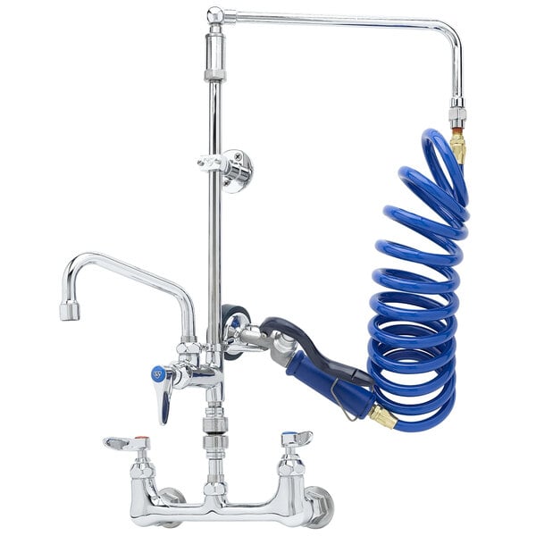 A T&S metal pet grooming faucet with a coiled blue hose attached to it.