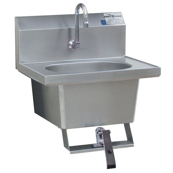 A stainless steel Eagle Group wall mount hand sink with a gooseneck faucet and knee pedal.