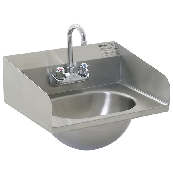 An Eagle Group stainless steel hand sink with a gooseneck faucet and basket drain.