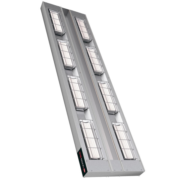 A long metal rectangular Hatco strip warmer with many lights.