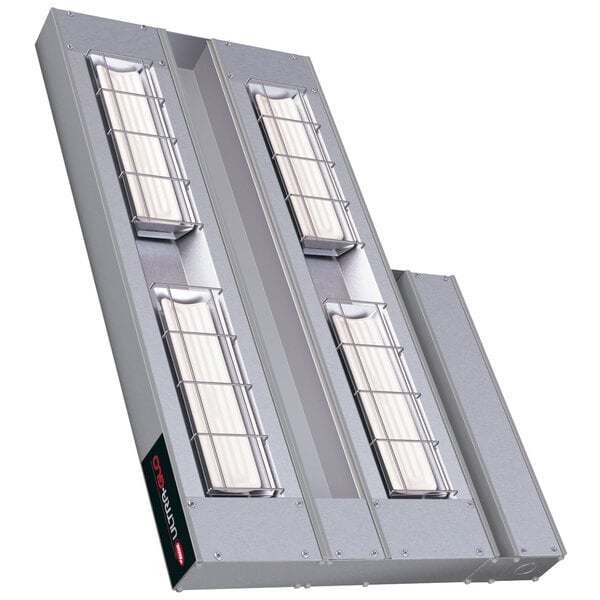 A metal box with three Hatco Ultra-Glo strip warmer lights inside.