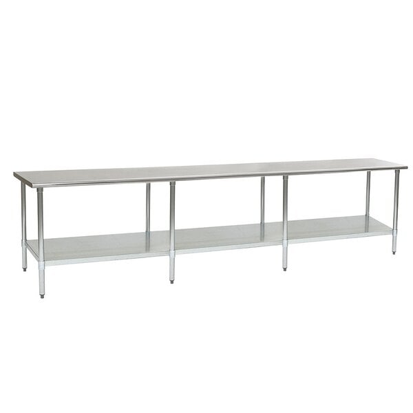 A long metal Eagle Group stainless steel work table with a galvanized undershelf.