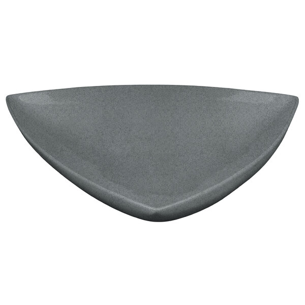 A grey triangle shaped Tablecraft display bowl with a curved edge.