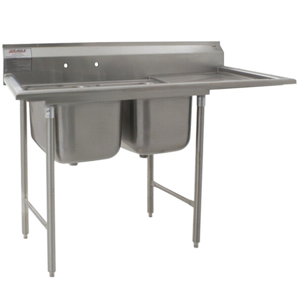 A stainless steel Eagle Group two compartment sink with right drainboard.