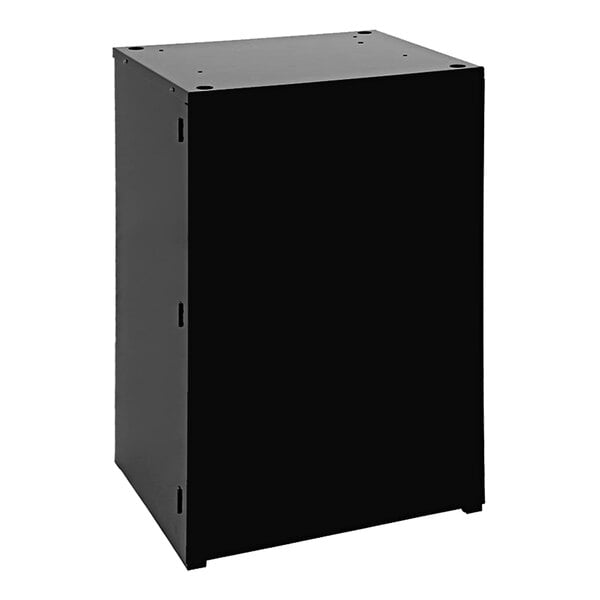A black rectangular metal stand with a door on it.