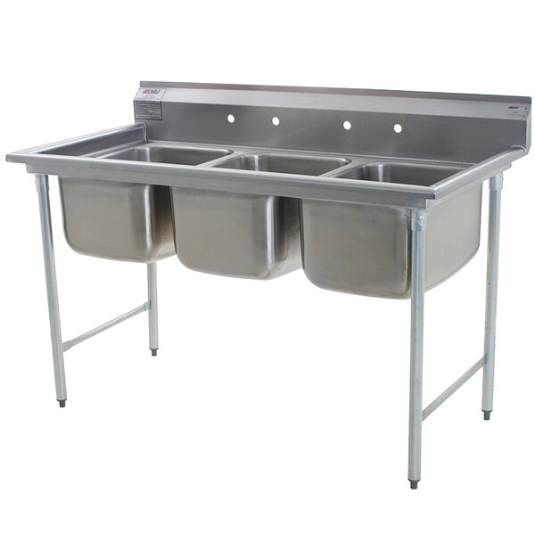 A stainless steel Eagle Group three compartment sink.