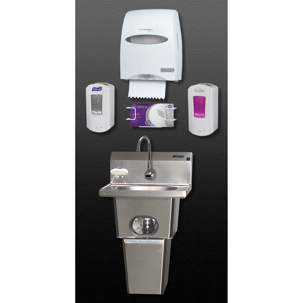 An Eagle Group hand washing system with soap dispensers and end splashes.