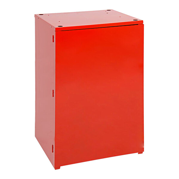 A red metal box with a black top.