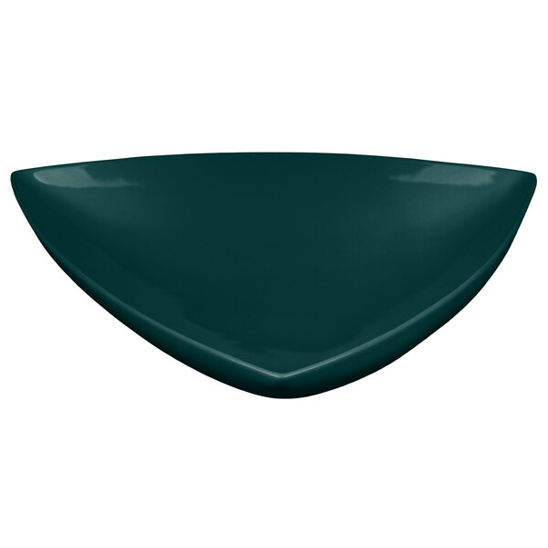 A hunter green cast aluminum triangle display bowl.
