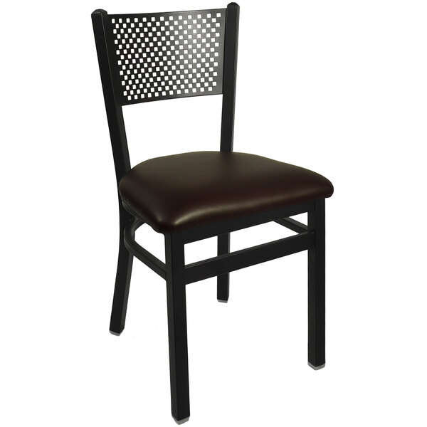 A BFM Seating black steel side chair with a dark brown vinyl seat.